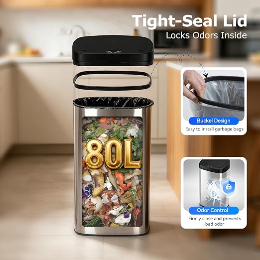 BestOffice | 22 Gallon Stainless Steel Trash Can with Lid | Steel | Automatic Touchless Garbage Can with Motion Sensor | Waterproof & Easy to Clean | For Kitchen, Bathroom, Home or Office