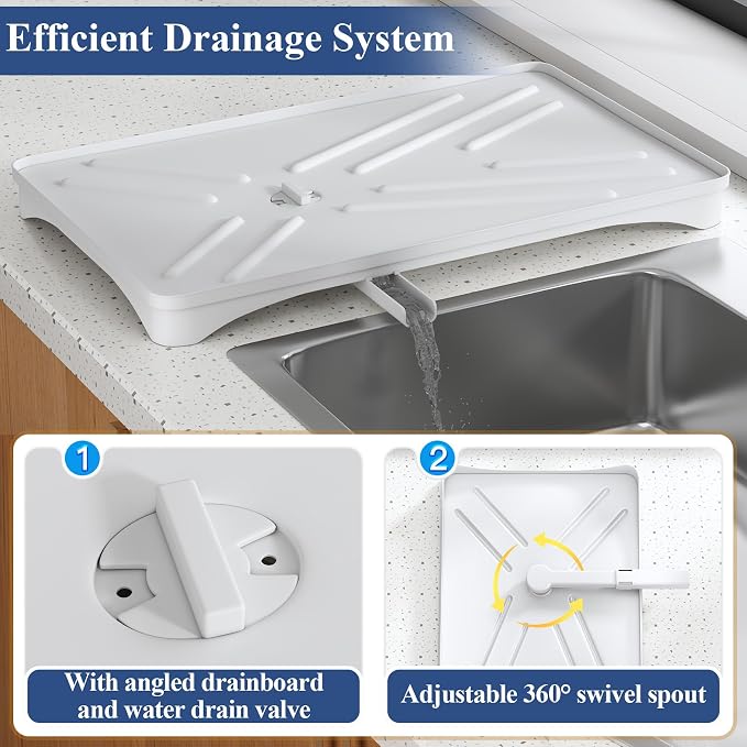 SNTD Dish Drying Rack for Kitchen Counter, 11.8" W x 16.7" L, White | Rustproof Stainless Steel, Large Capacity, Self-Draining Drainboard, Rotating Spout, Removable Utensil Holder