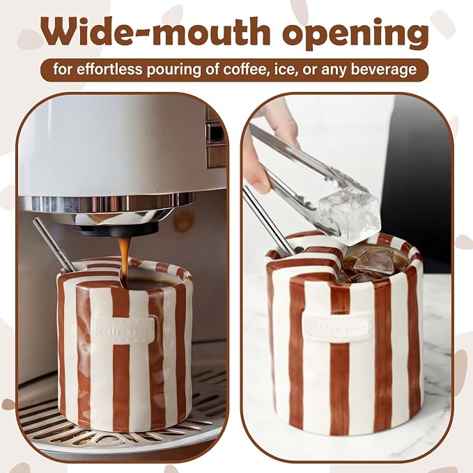 1 Pack Ceramic Mug with Sip Hole, Simple, Brown | 10oz Ceramic Coffee Cup with Straws, Retro Hand Painted Striped, for Iced Coffee Tea Latte Espresso, Kitchen Dining Travel