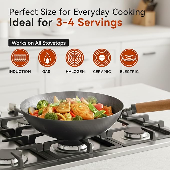 WANGYUANJI Carbon Steel Wok Pan with Lid, 12.6" Hammered Stir Fry Pan, Thickened Heavy Duty Flat Bottom Wok for Electric, Induction & Gas Stoves, Detachable Wood Handle, No Chemical Coating (Black)