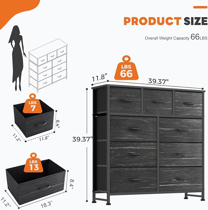 Sweetcrispy 9 Drawer Fabric Dresser Storage Tower Drawer Organizer | Sturdy Steel Frame with Wood-top, Easy-pull Handles, Space-Saving Organizer Chest for Bedroom, Closet, Black Wood Grain