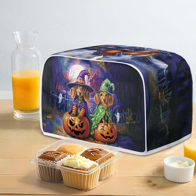 Dachshund Pumpkin Toaster Cover 2 Slice for Halloween Decor Toaster Dust Cover Kitchen Purple Toasters Dust and Fingerprint Protection, M, Purple