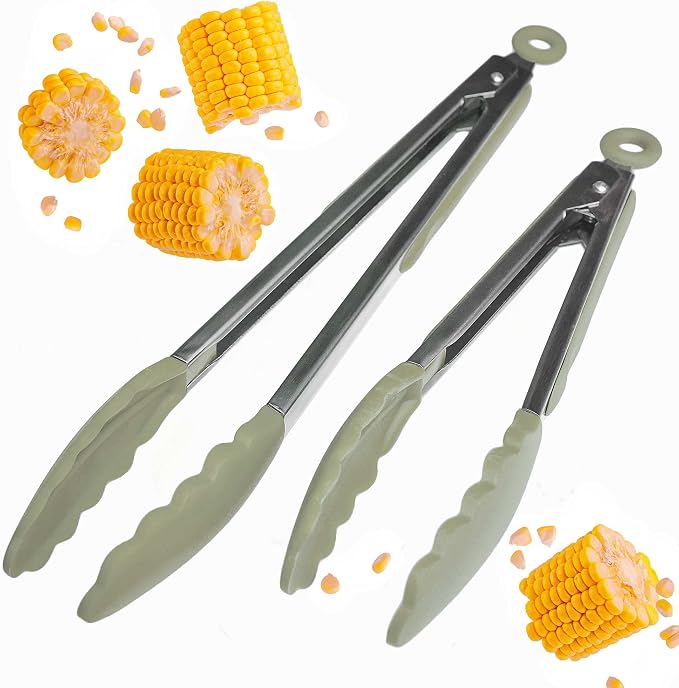 Starpack Get a Grip Silicone Kitchen Tongs (2-Pack, 9" + 12") - LFGB Non Toxic, 600°F Heat Resistant, BPA-Free - Heavy-Duty Stainless Steel, Locking - Dishwasher Safe for Nonstick Cookware Sage Green