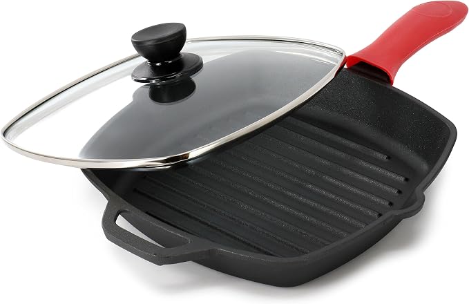 Megachef 10.4 Inch Pre-Seasoned Cast Iron Griddle with Tempered Glass Lid
