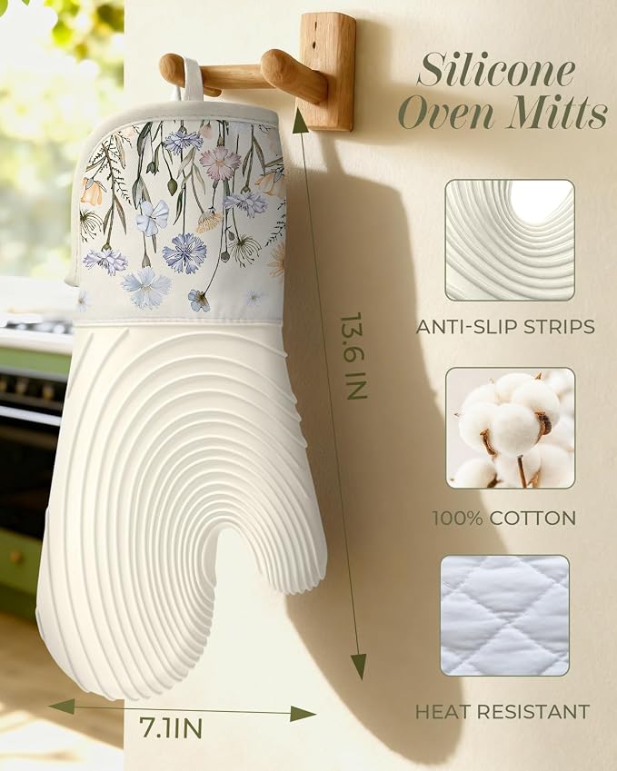 Slohif Long Silicone Oven Mitts Heat Resistant for Women - 2 Pcs Beige Wild Flowers 100% Cotton Oven Gloves, Non-Slip and Waterproof Silicone Oven Mitts with Hanger for Baking and Cooking