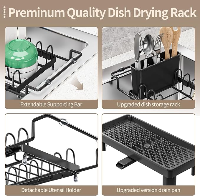 Expandable Over Sink Dish Rack, Small Dish Drying Rack with Drip Tray | Anti-Scratch Base, Space Saving Design for Kitchen Counter