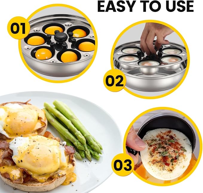 MARSKITOP Egg Poacher, Stainless Steel Poached Eggs Cooker, PFOA Free | 6 Large Nonstick Poached Egg Cups, Cool Touch Handle, Compatible with All Cooktops