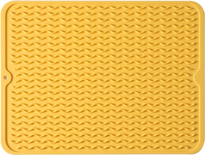MicoYang Silicone Dish Drying Mat — Quick-Dry Ridges Counter & Sink Pad, Heat-Resistant Trivet to 450°F, Non-Slip & Dishwasher Safe, Roll-Up Storage, 18 Colors & 9 Sizes (Yellow, 16"×12")