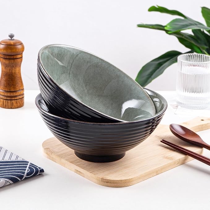 Ceramic Japanese Ramen Bowl Set, 2 Sets Asian Pho Udon Soup Noodle Bowls with Spoons and Chopsticks (Grayish Green, 8 inches)
