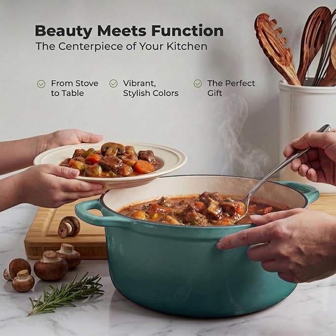 Zulay Kitchen 6.4QT Enameled Cast Iron Dutch Oven Pot with Lid, Heavy-Duty Soup Pot for Stews, Braising, Roasting & Sourdough Bread Baking, Oven Safe up to 500°F - Aventurine