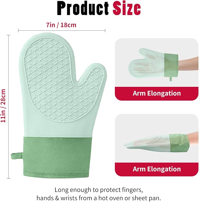 Silicone Oven Mitts，Heat Resistant up to 500°F, Oven Gloves with Soft Lining, Non-Slip Kitchen Essentials, Kitchen Gadgets, Apartment Essentials, Great Gift for Cooking (green-1pair)
