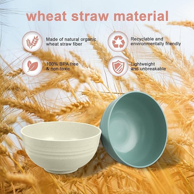 HEYCOME 12 Pcs Unbreakable Cereal Bowls Set, 26 Oz Wheat Straw Bowls Set, Microwave & Dishwasher Safe Bowls for Kitchen, Reusable Plastic Bowls for Soup, Salad and Snack, BPA Free, Multicolor