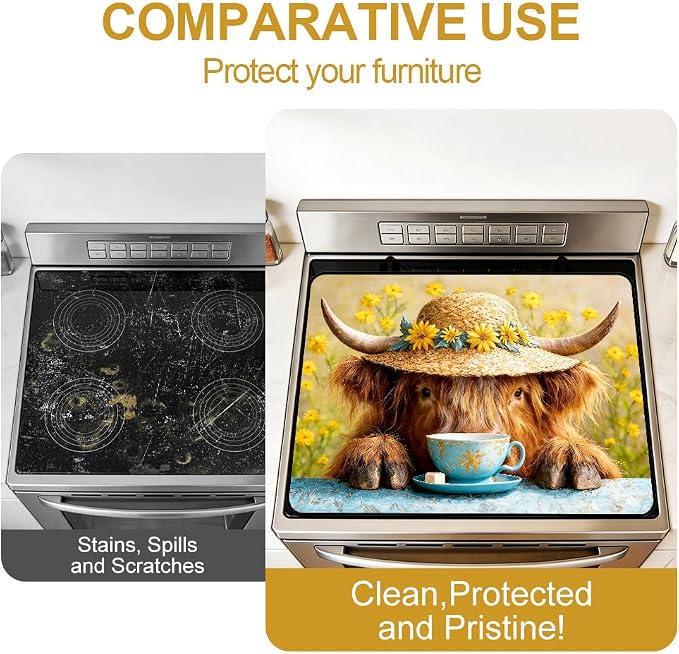 Highland Cow Stove Top Cover 28x20 Inch Farmhouse Electric Stove Cover | Heat Resistant Cooktop Protector Mat with Non-Slip Backing, Scratch Protection and Countertop Drying Mat.