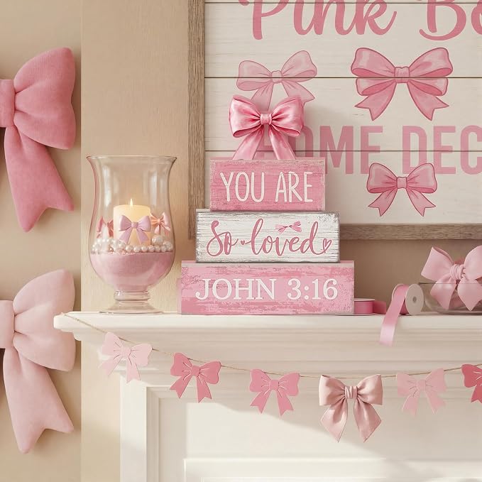 Lineshading 4 Pcs Pink Bow Decor Christian Table Decor Wooden Block Signs | Tiered Tray Filler, You Are So Loved John 3:16 Signs, Rustic Shelf Accent, Faith Gift for Girls, Tabletop Home Decorations