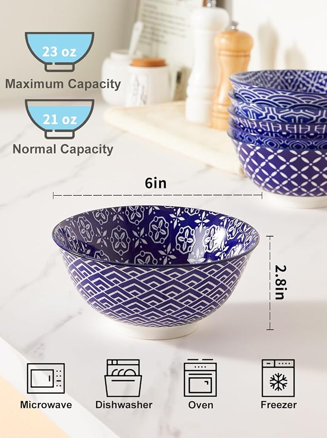Metahom Cereal Bowls Set of 6, Ceramic Soup Bowls, 23 Oz, Blue and White | Porcelain Kitchen Bowls for Salad, Dessert, Pasta, Fruit, Ice Cream, Dishwasher & Microwave Safe, Stackable Design