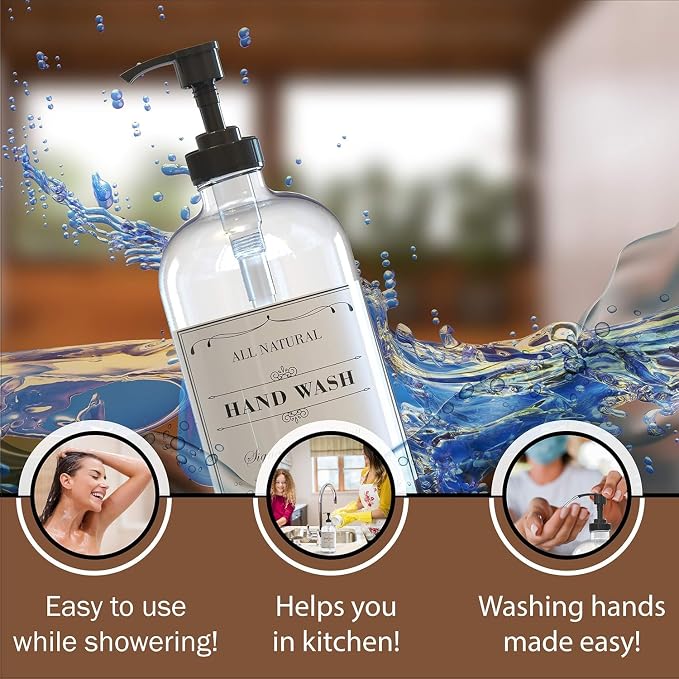 Clear Glass Soap Dispenser with Pump, 16 oz | Clear Glass, Soap Dispenser Pump, Bathroom and Kitchen Sink use,12 Waterproof Labels (pack of 4)