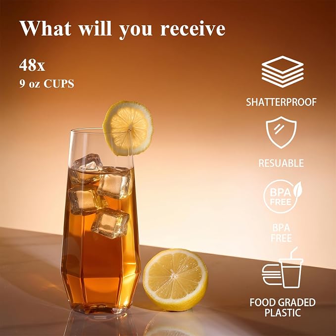 BESTSTAR 96 Pack Clear Plastic Wine Glasses Set BPA-Free Shatterproof | 48 9 OZ Stemless Champagne Flutes & 48 12OZ Diamond Wine Whiskey Glasses, Clear Drinkware for Weddings, Parties & Events
