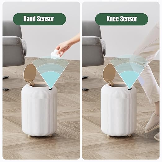 URALFA Bathroom Trah Can with Lid, Motion Sensor Trash Can Touchless | 3 Gallon Automatic Bathroom Garbage Can, Smart Trash Bin for Bedroom, Office, Restroom, Removable Legs, White and Gold