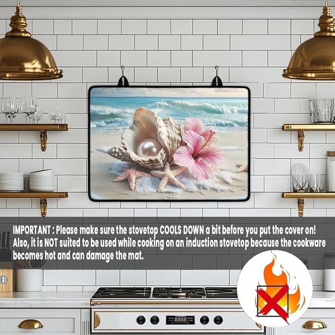 Beach Starfish Seashell Flower Stove Cover 30"x21" Heat Resistant Multi-Functional Counter Protector Non-slip Waterproof Mat for Glass Stovetop Protector Easy to Clean