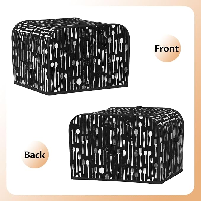 4 Slice Toaster Cover Fork Spoon Pattern Black Dust Proof Washable Kitchen Appliance Cover with Pocket, Oxford Fabric Countertop Toaster Protector for Standard Toasters Small Appliances