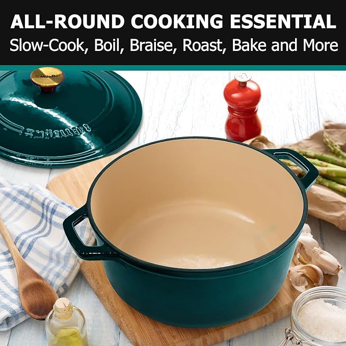 MUELLER HOME 4.5 QT Enameled Cast Iron Dutch Oven, Heavy-Duty Casserole Dish and Braiser Pan with Lid, Oven-Safe up to 500° F & Across All Cooktops, Housewarming Gifts New Home, Emerald | Casserole Dish and Braiser Pan with Lid, Oven-Safe up to 500° F,...