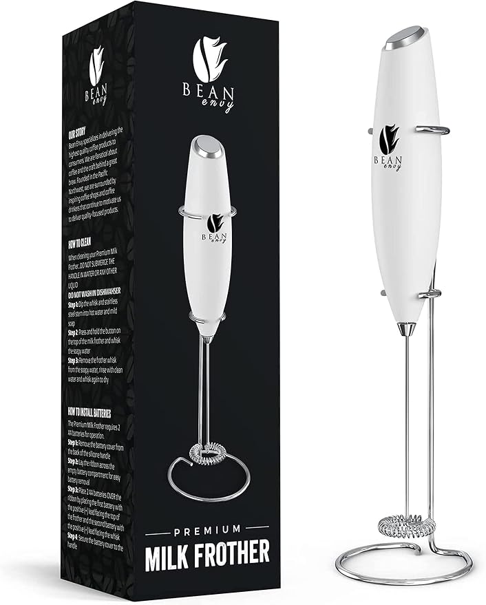 Bean Envy Milk Frother Handheld - Coffee Mixer Wand with Stand - White | Battery Operated, Stainless Steel Whisk, 19000 RPM, Protein Powder Blender, Electric Stirrer, Mini Foamer