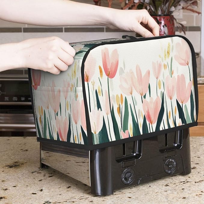 2 Slice Toaster Cover Tulip Flower Watercolor Dust Proof Washable Kitchen Appliance Cover with Pocket, Oxford Fabric Countertop Toaster Protector for Standard Toasters Small Appliances