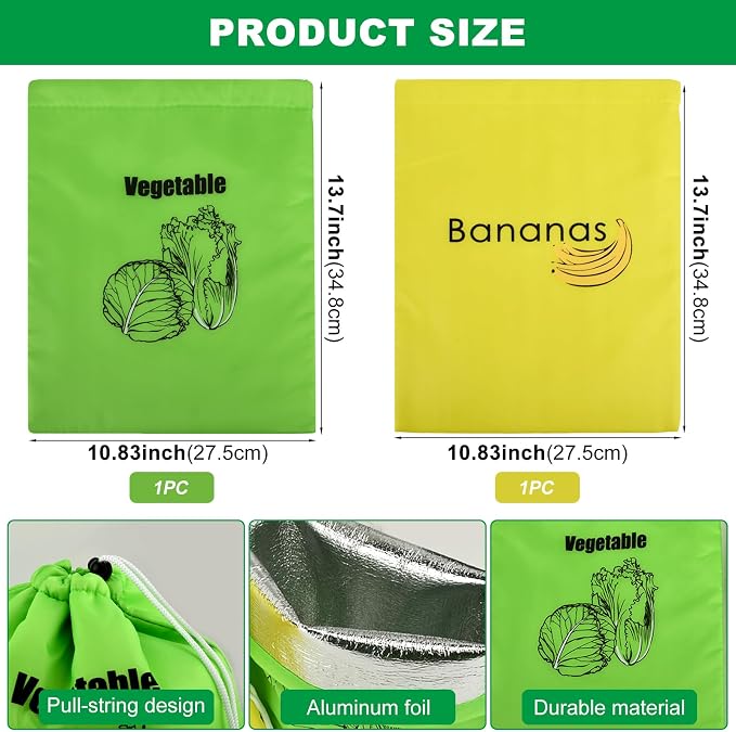 2 Pcs Banana Storage Bag with Aluminum Lining, Quick Seal Drawstring Pouches 13.7x11" for Banana & Lettuce, Reusable Produce Saver Pouches Slow Ripening for Fridge, Home Storage