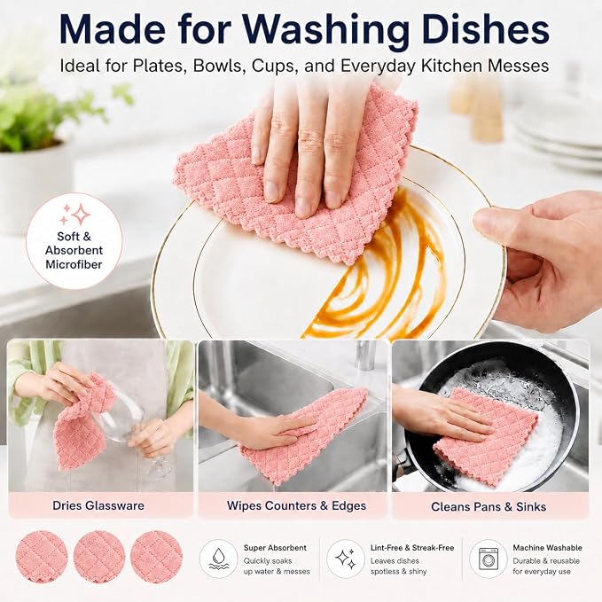 kimteny 12 Pack Dish Cloths for Washing Dishes | Super Absorbent Microfiber Kitchen Dish Rags, Fast Drying Coral Velvet Dish Cloths for Kitchen Counter and Dishes, Pink-Green