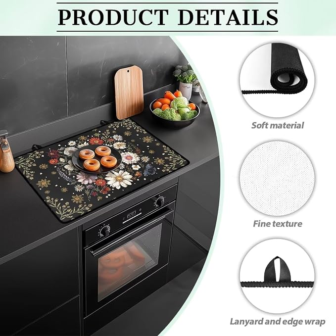 Butterfly Daisy Floral Plant Moon Print Electric Stove Top Cover 29.18 x 20.96 inch Silicone Cooktop Cover with Lanyards Coffee Machine Mat Stove Protector for Glass Top Stove