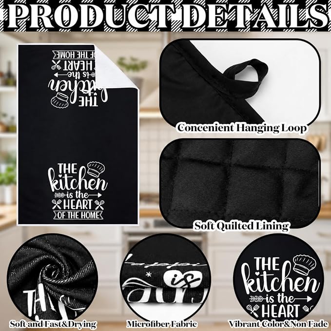 Sratte 6 Pcs Kitchen Decor Accessories Set, Kitchen, Black | Farmhouse Kitchen Towels Pot Holders Oven Mitts Set 2 Dish Towels 2 Potholders 2 Cooking Mittens for Baking Cooking Supply