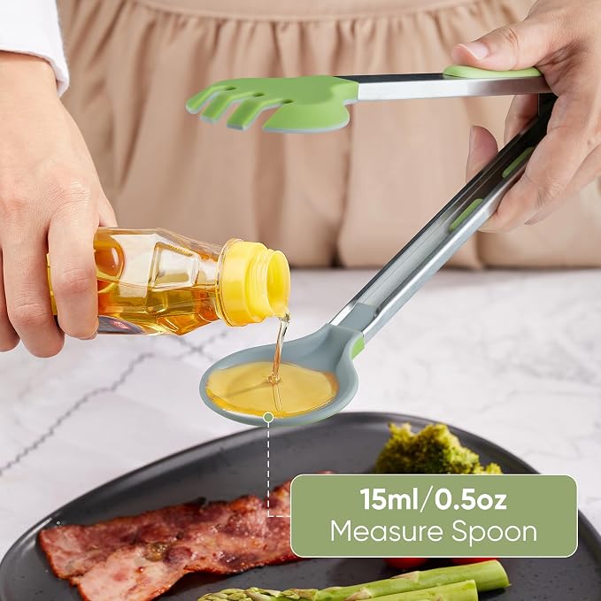 12 Inch Cooking Tongs, Stainless Steel Kitchen Tongs with Silicone Tips | 2-in-1 Design with 0.5oz Measure Spoon | for Cooking, Grilling, BBQ, Salad, Buffet, Serving | 12", Green