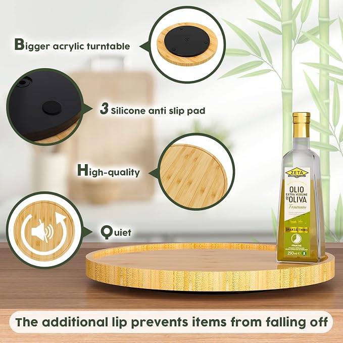 Lazy Susan for Table, 12 Inch Non-Skid Bamboo Turntable Organizer | Salt Pepper Spices and Olive Oil Next to Stove, Wooden Lazy Susan Organizer for Kitchen Countertop Organizer