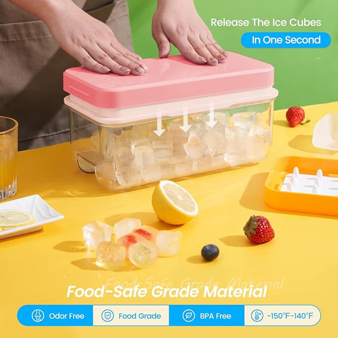 1" Ice Cube Tray with Lid and Bin, Easy Release 64 Cubes for Freezer | Food-grade BPA-free PP and ABS. 1" x 64pcs ice cubes for fruit whiskey, cocktails. Space-saving, stackable with scoop