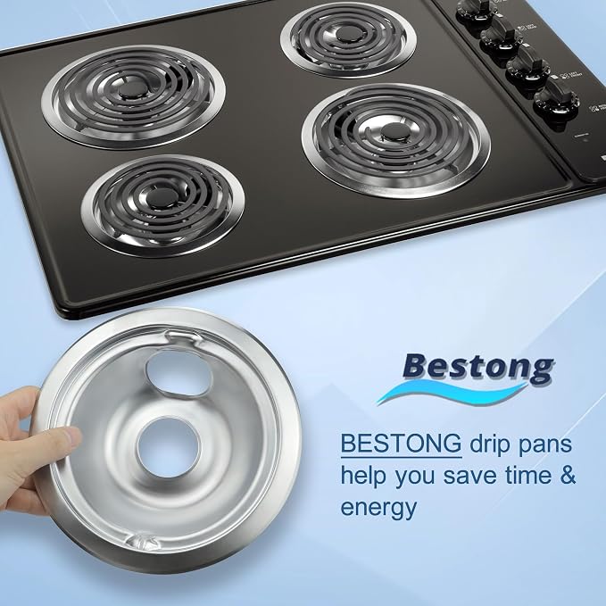 Electric Stove Drip Pans for GE Hotpoint Kenmore, Chrome 4-Pack | Includes 2×6" and 2×8" chrome drip pans to replace worn burner bowls on compatible GE, Hotpoint, and Kenmore ranges