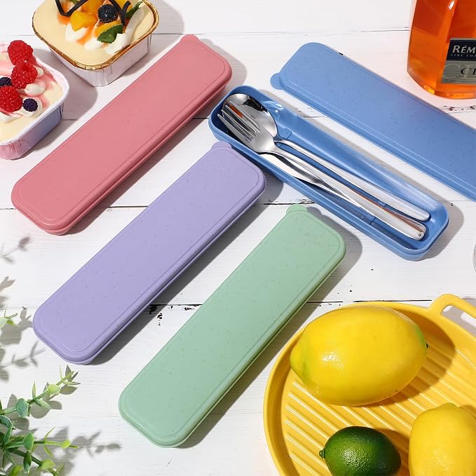 4 Pack Travel Silverware Set with Case for Lunch,Orange | Reusable Utensils with Case, Portable Flatware, Camping Cutlery, Fork Spoon Knife, for Work School, Dishwasher Safe