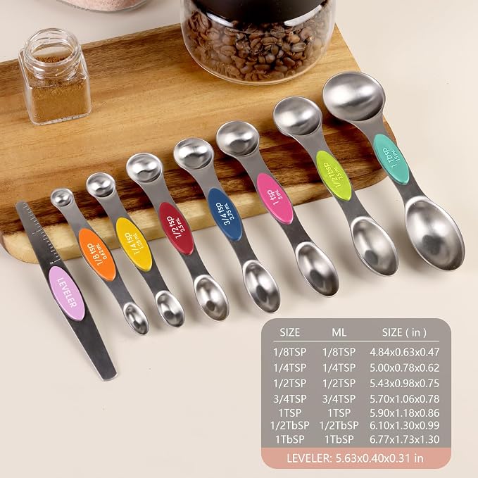 ChefAide Pack of 8 Stainless Steel Magnetic Measuring Spoons Set, Dual Sided, Stackable, Adjustable Teaspoon and Tablespoon Measure Spoon with Leveler, Kitchen Gadgets