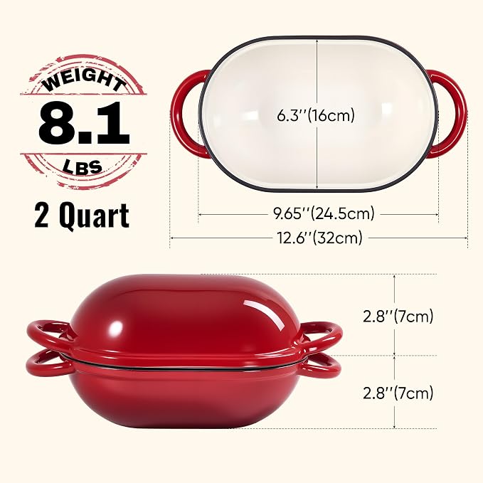2 QT Oval Dutch Oven for Bread Baking, Enamelled Cast Iron Bread Oven for Sourdough, Sourdough Loaf Pan with Lid, Heavy-Duty Non Stick Bread Pan for Homemade Bread Baking, Red