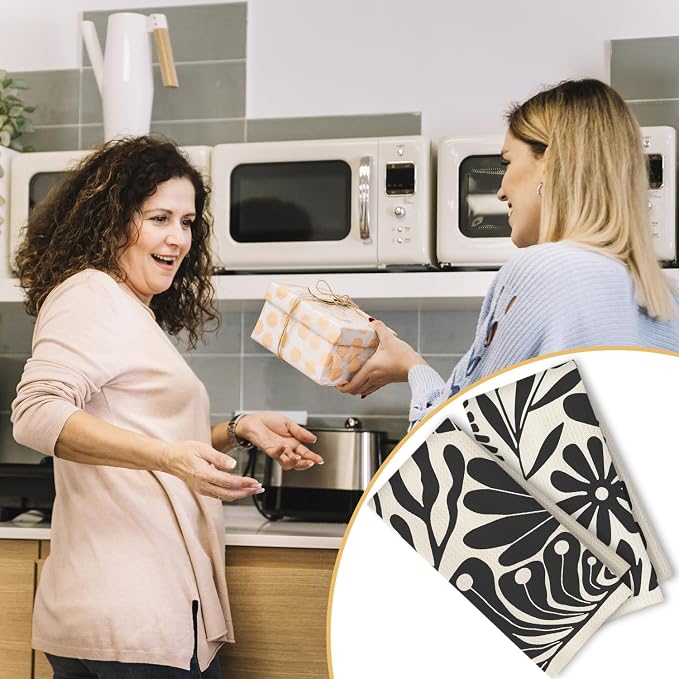 Abstract Boho Neutral Floral Kitchen Towels Set of 2, 70s Retro Groovy Beige Black and White Botanical Dish Tea Towels for Kitchen Bathroom Decor, Mid Century Modern Hand Towels, 16x24in