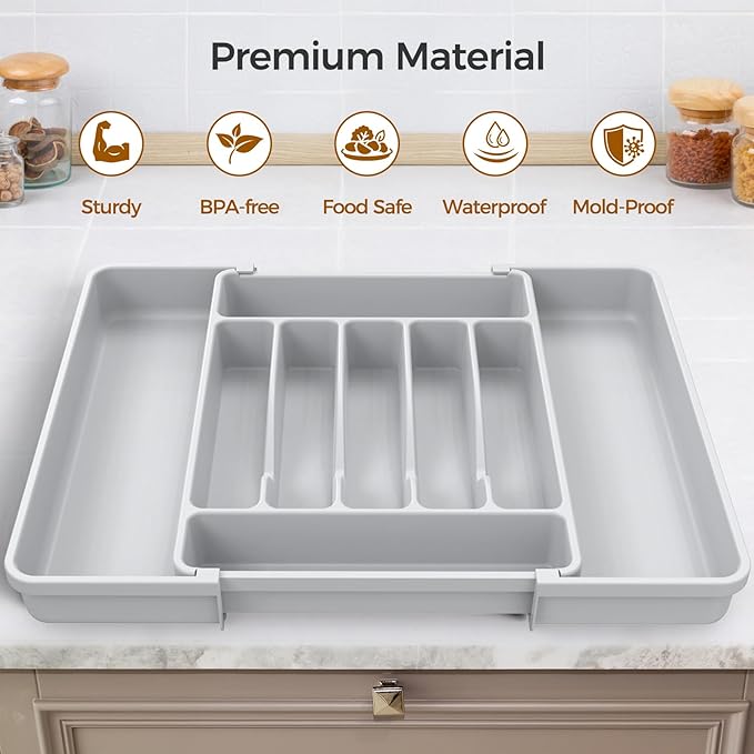 ukeetap Extra Large Expandable Silverware Organizer, Flatware Tray,Gray | BPA-Free Food-Safe Kitchen Utensil Cutlery Drawer Organizer, Adjustable Silverware Holder for Spoons Forks Knives