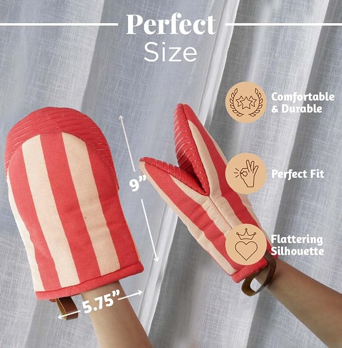 Folkulture Oven Mitts, Red Striped, Set of 2, Heat Resistant - (5.75"x9") | 100% Cotton, Non Slip, Silicone, Cute Striped Mini Mits with Hanging Loop, Kitchen Décor, Cooking Gifts, New Home Essentials