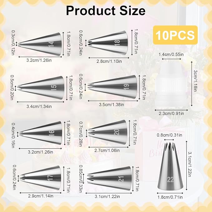 10 Pcs Open Star Piping Tips Set, French Star Tube Frosting Nozzle Kit with Coupler, Stainless Steel Cake Decorating Tips for Cupcakes, Cookies, Pastries, Homemade Desserts and Home Bakers (Star)