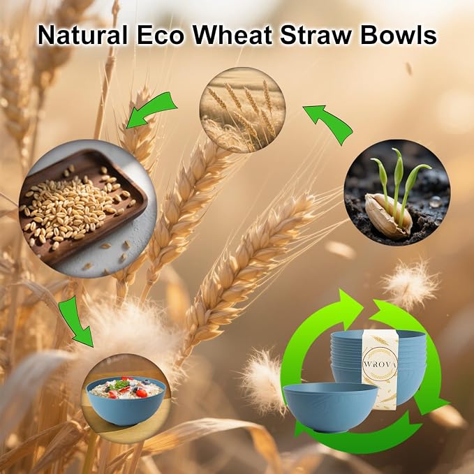 Wheat Straw Salad Bowls for Kitchen set of 6,Anti-Scald Thick Soup Bowls 40oz,Microwave and Dishwasher Safe Bowl set easy to clean. Blue