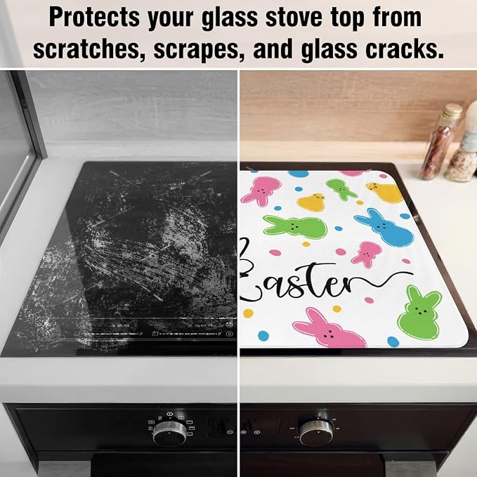 Happy Easter Glass Stove Top Covers for Electric Stove,Spring Rabbit Bunny Chick Polka Dots Heat Resistant Cooktop Protector Non-Slip Washable Dish Drying Mat Rug Pad for Kitchen Decor 28"x20"