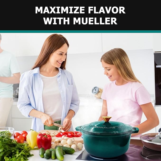 MUELLER HOME 4.5 QT Enameled Cast Iron Dutch Oven, Heavy-Duty Casserole Dish and Braiser Pan with Lid, Oven-Safe up to 500° F & Across All Cooktops, Housewarming Gifts New Home, Emerald | Casserole Dish and Braiser Pan with Lid, Oven-Safe up to 500° F,...