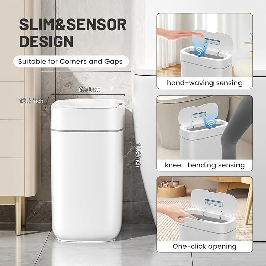 JUDRDO 3.5 Gal Slim Touchless Bathroom Trash Can, Automatic Diaper Pail | Motion sensor opening, automatic liner suction, slim profile for bathrooms, bedrooms, offices, kitchens and nurseries
