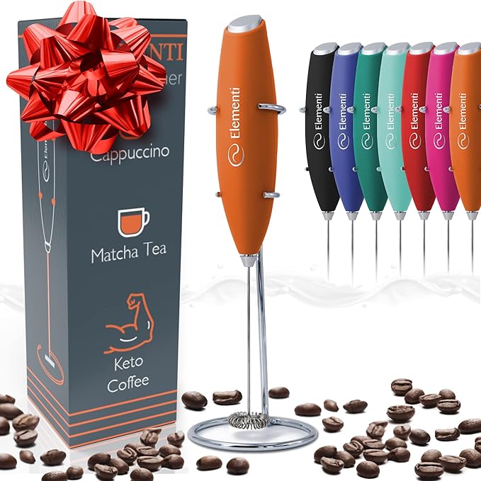 Elementi Portable Milk Frother & Stand – Compact Mixer for Powdered Drinks and Coffee, Electric Whisk Hand Blender, Specialty Kitchen Appliance (Pumpkin Orange)