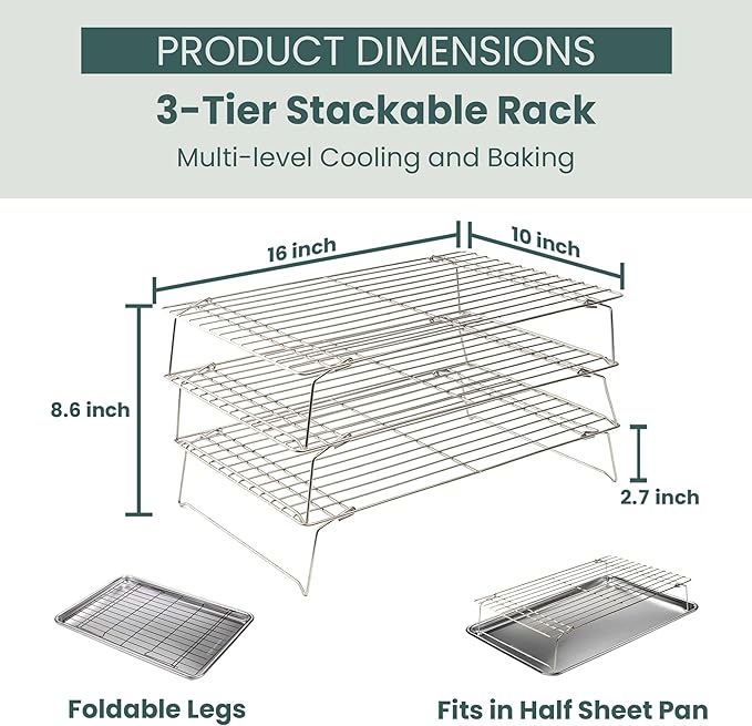 Durable 3 Tiers Stackable, 16" x 10" Cooling Rack for Baking | Professional Grade, Premium 100% Stainless Steel, Baking Rack & Wire Cooling Mesh, Dishwasher Safe, Oven Safe