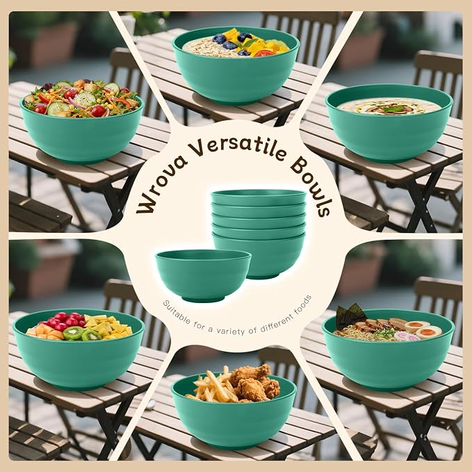 Wheat Straw Bowls 60oz, Unbreakable Large Cereal Bowls Set of 6, Plastic Bowls Reusable Salad Soup Bowls Microwave Safe, Big Bowl for Kitchen and Apartment, Large Bowls for Eating- Green