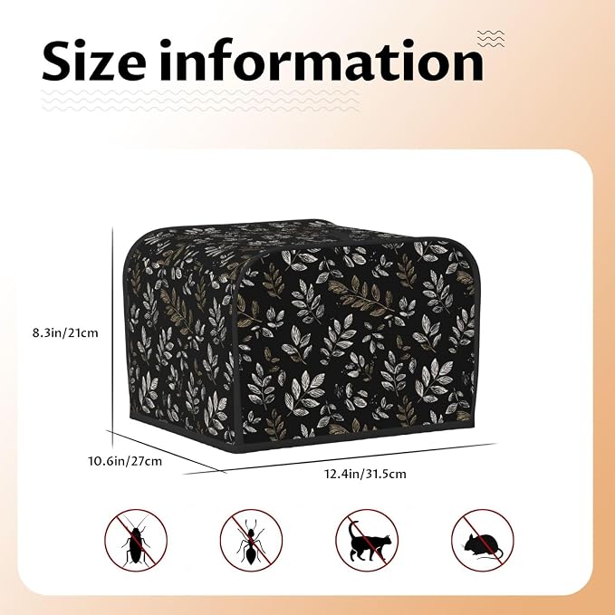 4 Slice Toaster Cover Boho Black Leaf Pattern Dust Proof Washable Kitchen Appliance Cover with Pocket, Oxford Fabric Countertop Toaster Protector for Standard Toasters Small Appliances